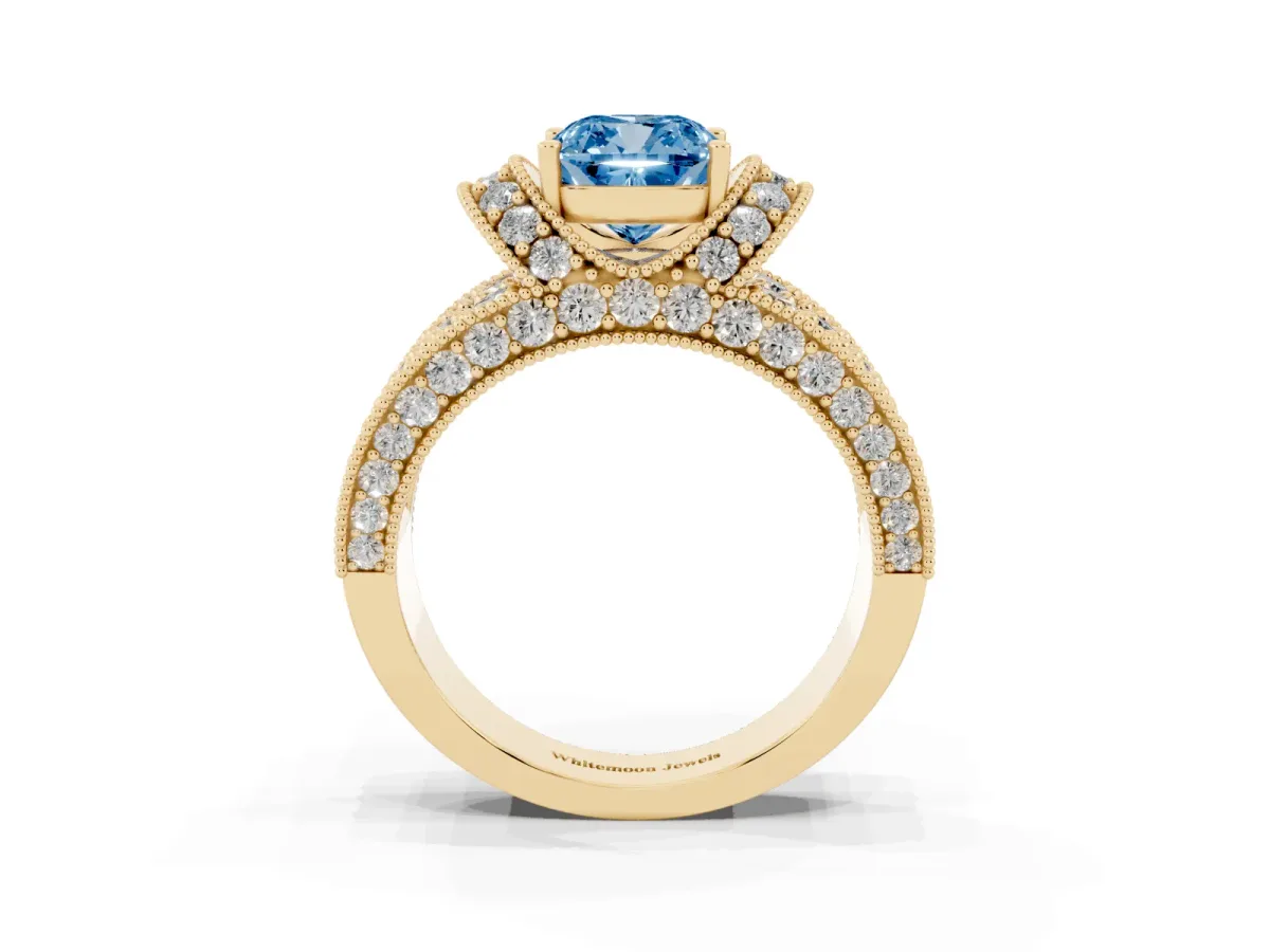 Fancy Blue Cushion Cut Halo Pave Diamond Engagement Ring with Milgrain Detailing Yellow gold
