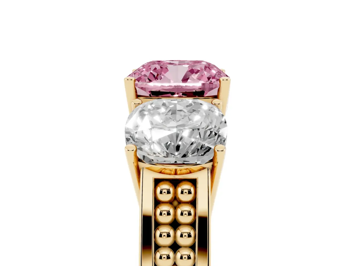 Fancy Pink Cushion Cut Diamond Three-Stone Ring with Prong Setting and Textured Band Yellow gold