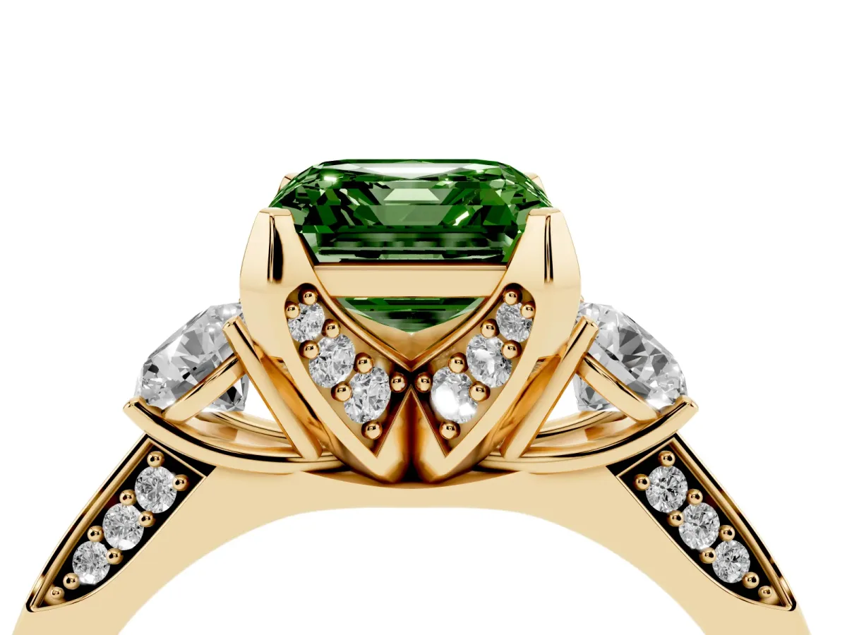 Fancy Green Asscher Cut Brilliant Three-Stone Diamond Ring with Pavé Band and Four-Prong Setting Yellow gold