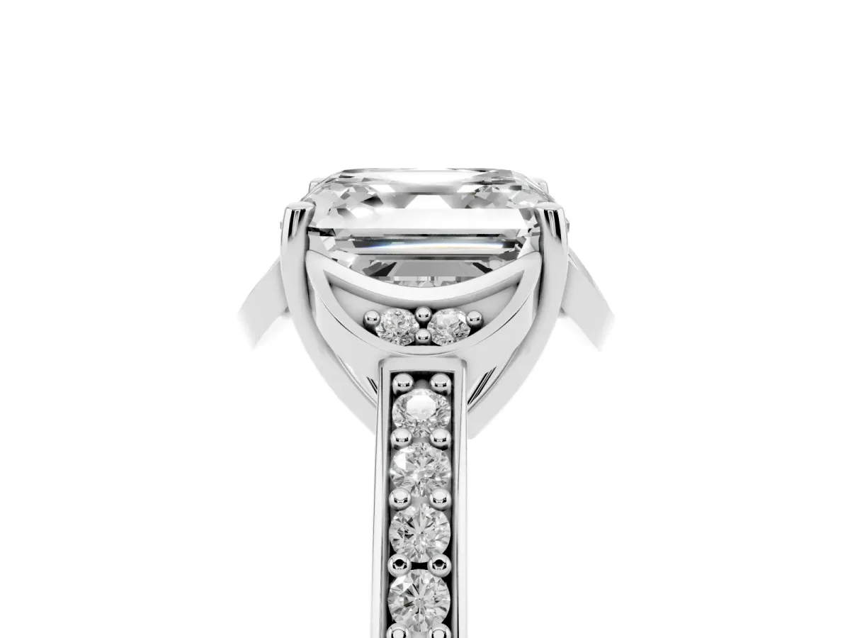 Asscher Cut Cut Halo Diamond Ring with Channel Set Band and Four-Prong Setting White gold