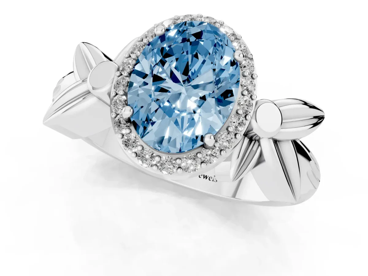 Fancy Blue Oval Cut Halo Diamond Floral Band with Four-Prong Setting Silver