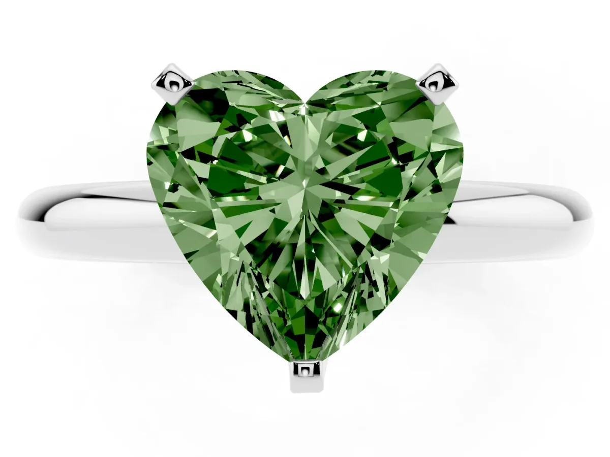 Fancy Green Heart Cut Diamond Solitaire Engagement Ring with Round Band and Four-Prong Setting Silver