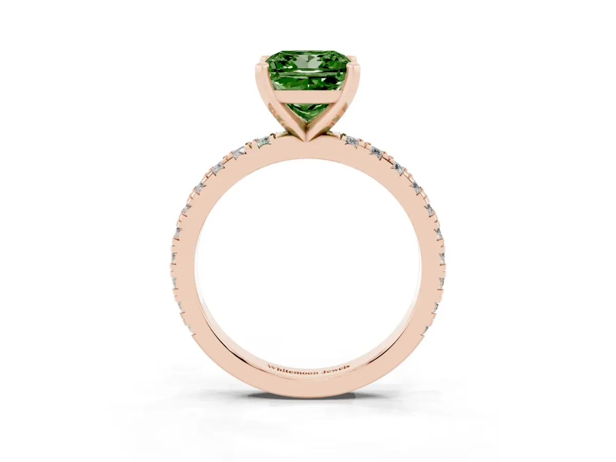 Fancy Green Princess Cut Diamond Pavé Band Solitaire with Four-Prong Setting Rose gold
