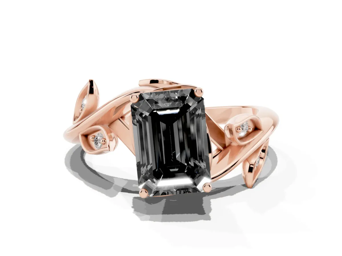 Fancy Black Emerald Cut Solitaire Twist Engagement Ring with Leaf Accents and Prong Setting Rose gold