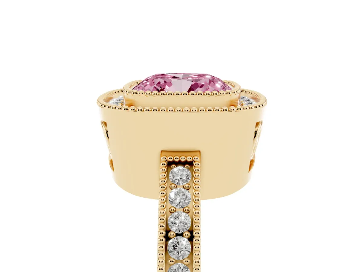 Fancy Pink Cushion Cut Cut Halo Diamond Ring with Pavé Band and Milgrain Prong Setting Yellow gold