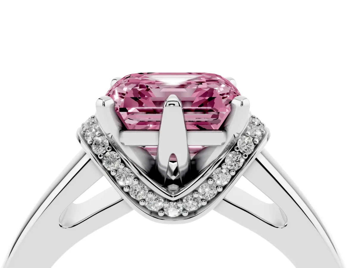 Fancy Pink Asscher Cut Solitaire Diamond Ring with Pave Band and Six-Prong Setting Silver