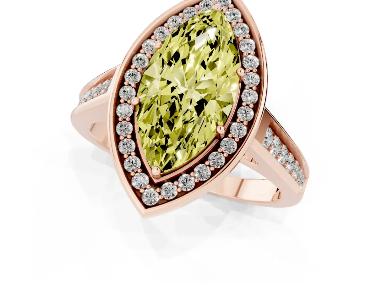 Fancy Yellow Marquise Cut Halo Solitaire Diamond Ring with Pave Band and Bezel Setting Rose gold