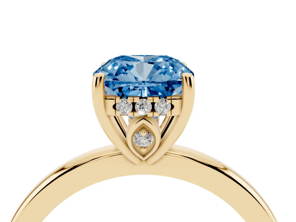 Fancy Blue Cushion Cut Solitaire Diamond Ring with Prong Setting and Plain Band Yellow gold