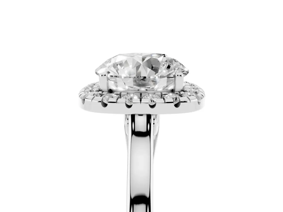 Round Cut Halo Round Diamond Solitaire Ring with Pavé Band and Four-Prong Setting Silver
