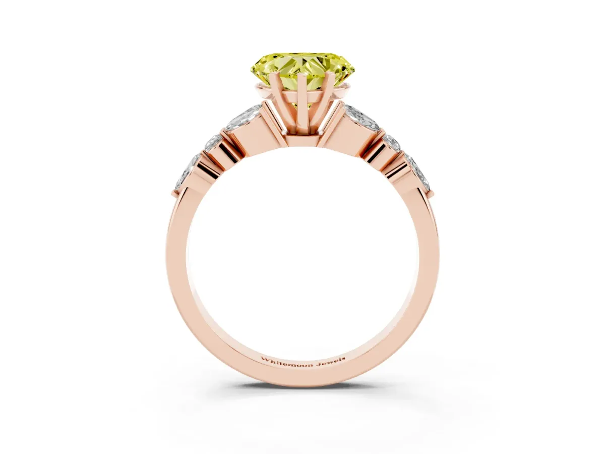 Fancy Yellow Heart Cut Diamond Solitaire Ring with Side Stones and Four-Prong Setting Rose gold