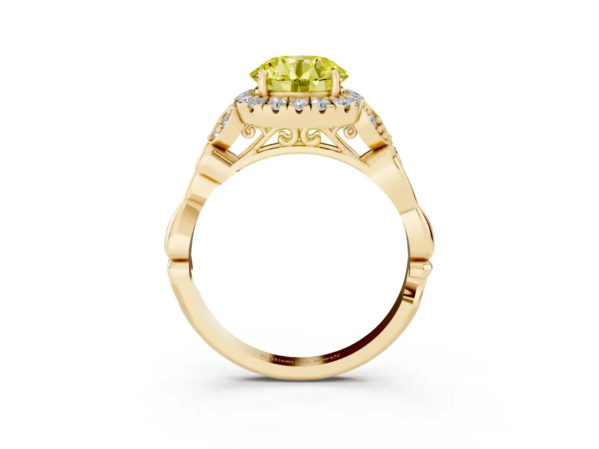 Fancy Yellow Round Cut Halo Diamond Engagement Ring with Vintage-Inspired Band and Four-Prong Setting Yellow gold