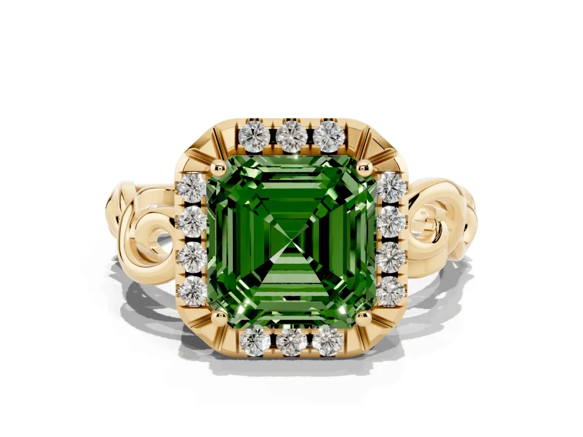 Fancy Green Asscher Cut Cut Halo Diamond Ring with Scrollwork Band and Four-Prong Setting Yellow gold