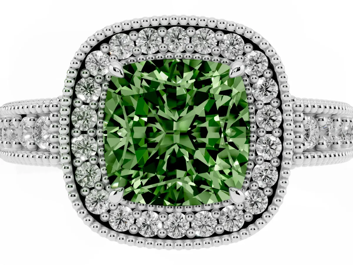 Fancy Green Cushion Cut Cut Halo Diamond Ring with Pavé Band and Four-Prong Setting Silver