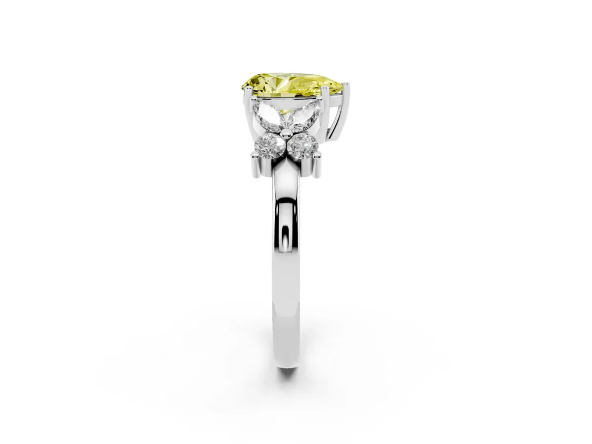 Fancy Yellow Pear Cut Diamond Floral Cluster Ring with Solitaire Band and Prong Setting White gold