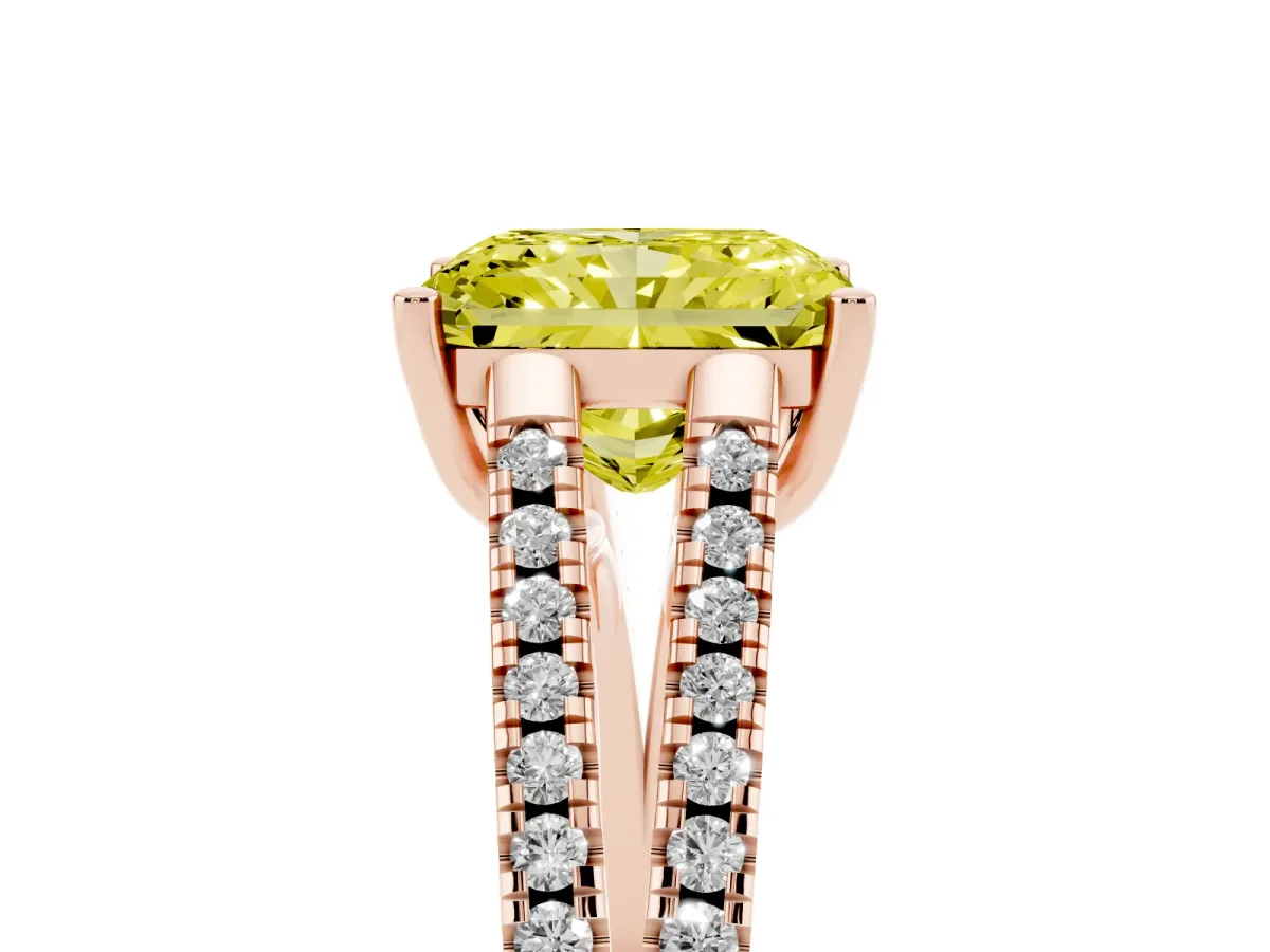 Fancy Yellow Radiant Cut Diamond Solitaire Engagement Ring with Split Shank Pavé Band Rose gold