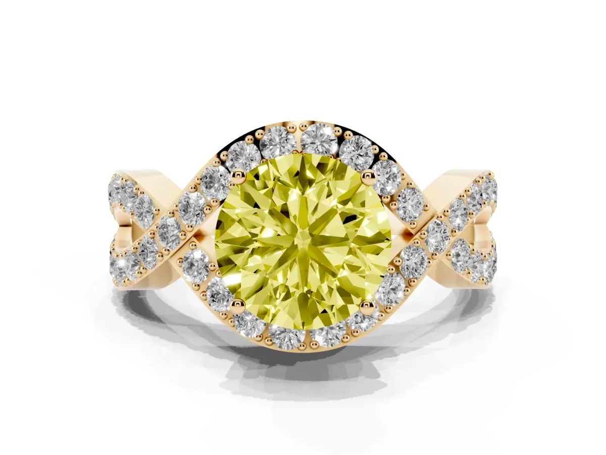 Fancy Yellow Round Cut Solitaire Twist Band Pavé Diamond Engagement Ring Yellow gold