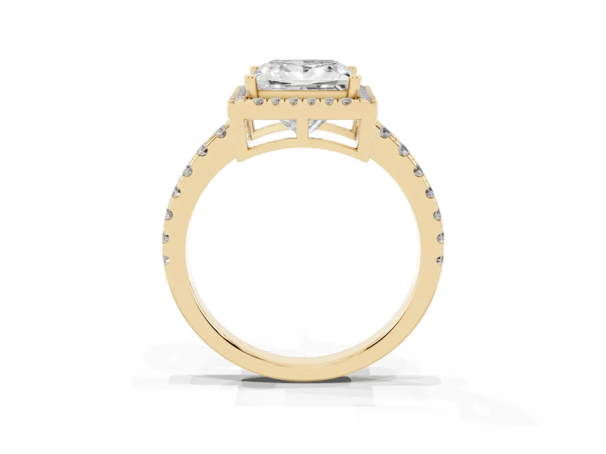 Princess Cut Diamond Halo Ring with Pavé Band and Four-Prong Setting Yellow gold