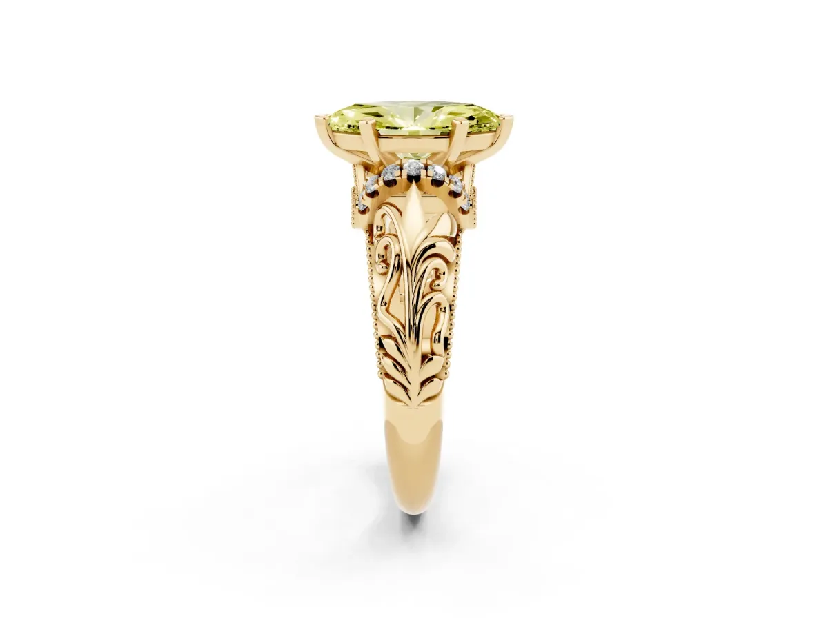 Fancy Yellow Marquise Cut Solitaire Filigree Engagement Ring with Halo and Prong Setting Yellow gold
