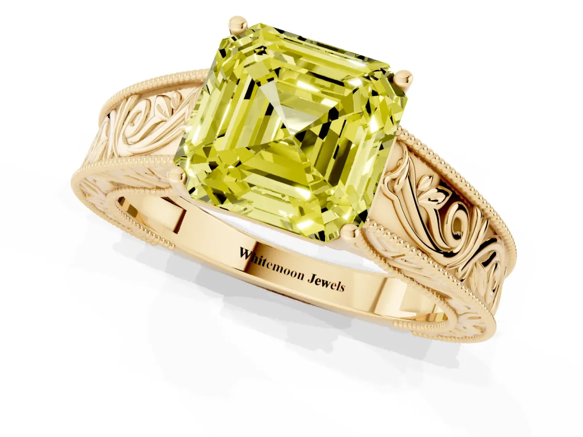 Fancy Yellow Asscher Cut Diamond Solitaire Ring with Engraved Band and Four-Prong Setting Yellow gold