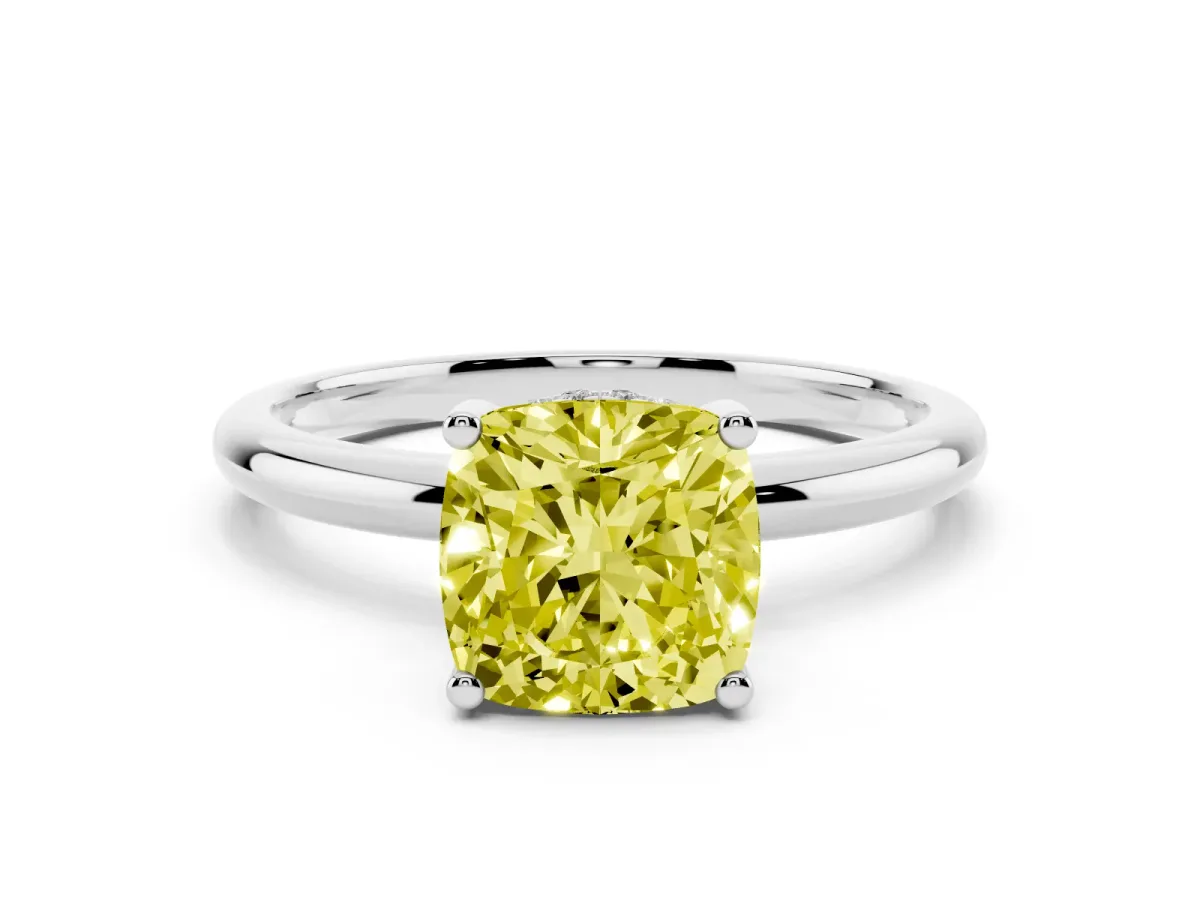Fancy Yellow Cushion Cut Cut Solitaire Engagement Ring with Four-Prong Setting and Classic Band Silver