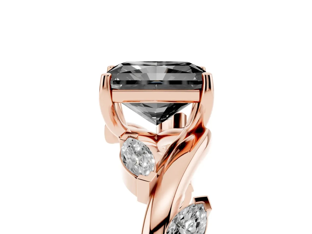 Fancy Black Radiant Cut Solitaire Twisted Band Marquise Accent Prong Setting Ring Rose gold