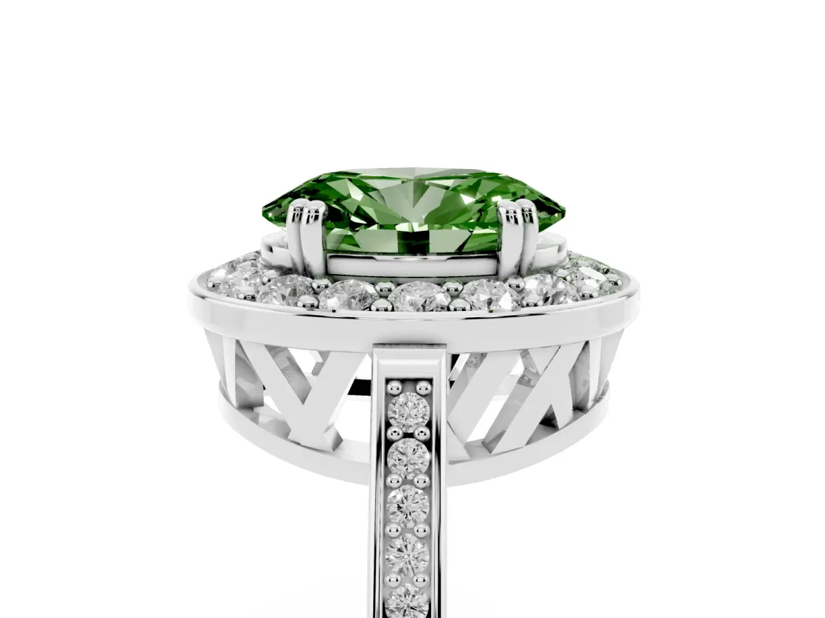 Fancy Green Oval Cut Diamond Halo Ring with Split Shank and Four-Prong Setting Silver