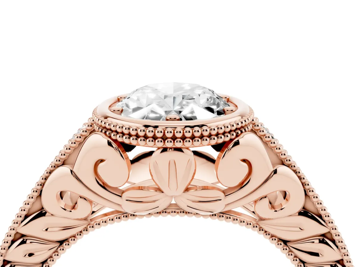 Bezel Set Oval Cut Diamond Milgrain Pave Engagement Ring Rose gold