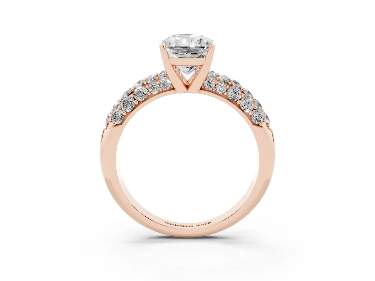 Radiant Cut Diamond Pavé Band Solitaire Ring with Four-Prong Setting Rose gold