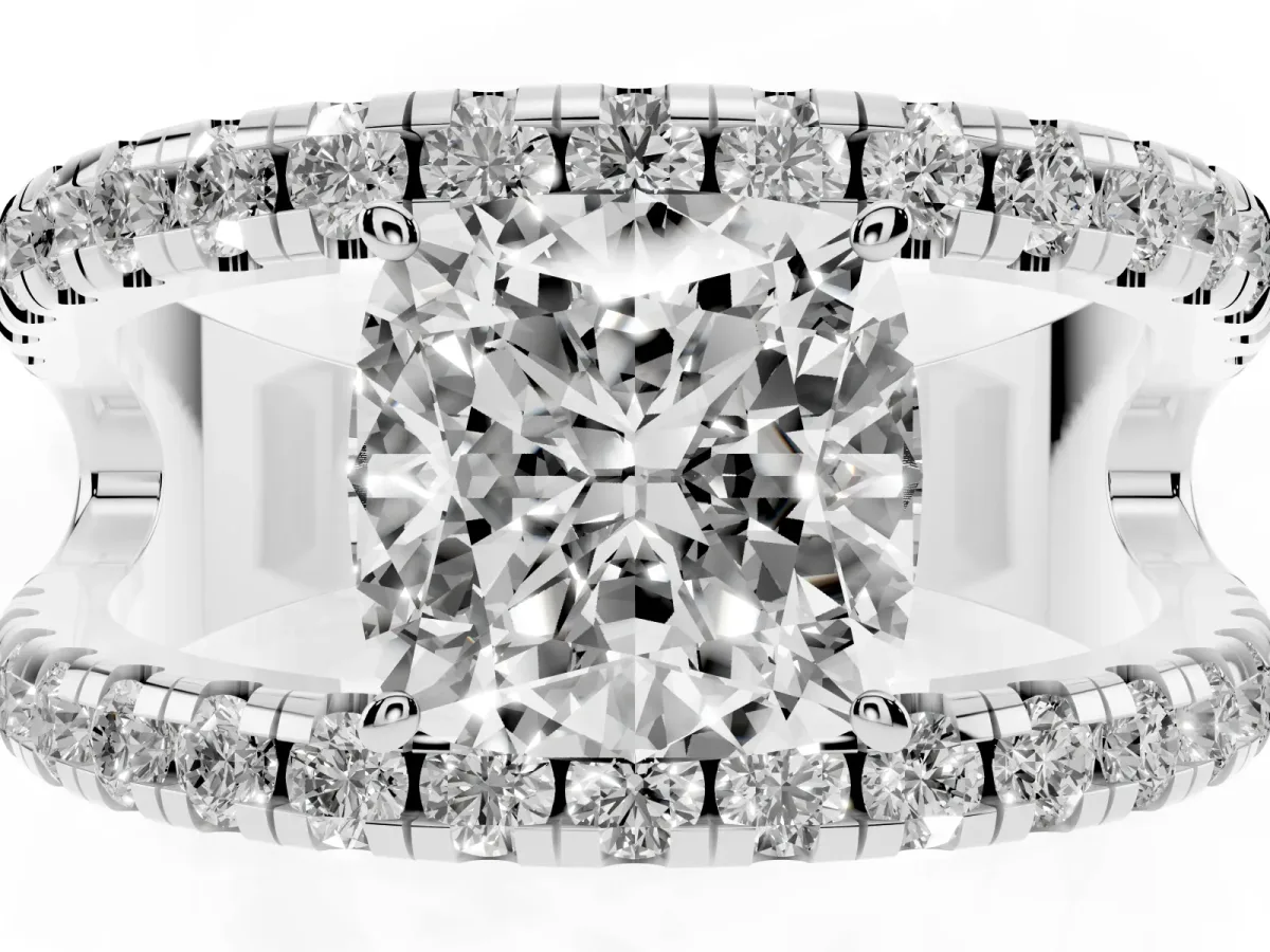 Cushion Cut Solitaire Split Shank Pave Diamond Ring Platinum
