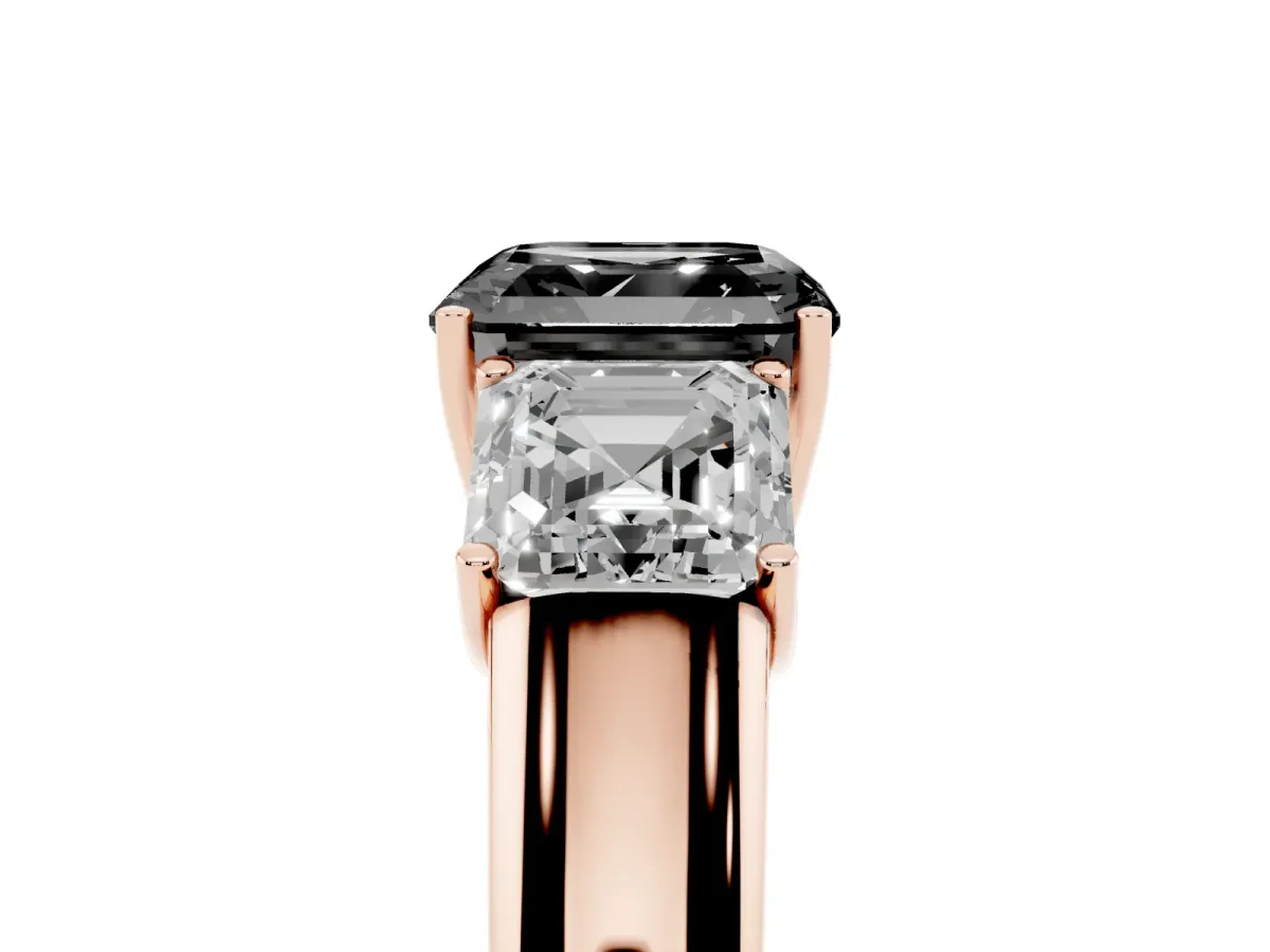 Fancy Black Three-Stone Asscher Cut Cut Diamond Ring with Prong Setting and Classic Band Rose gold