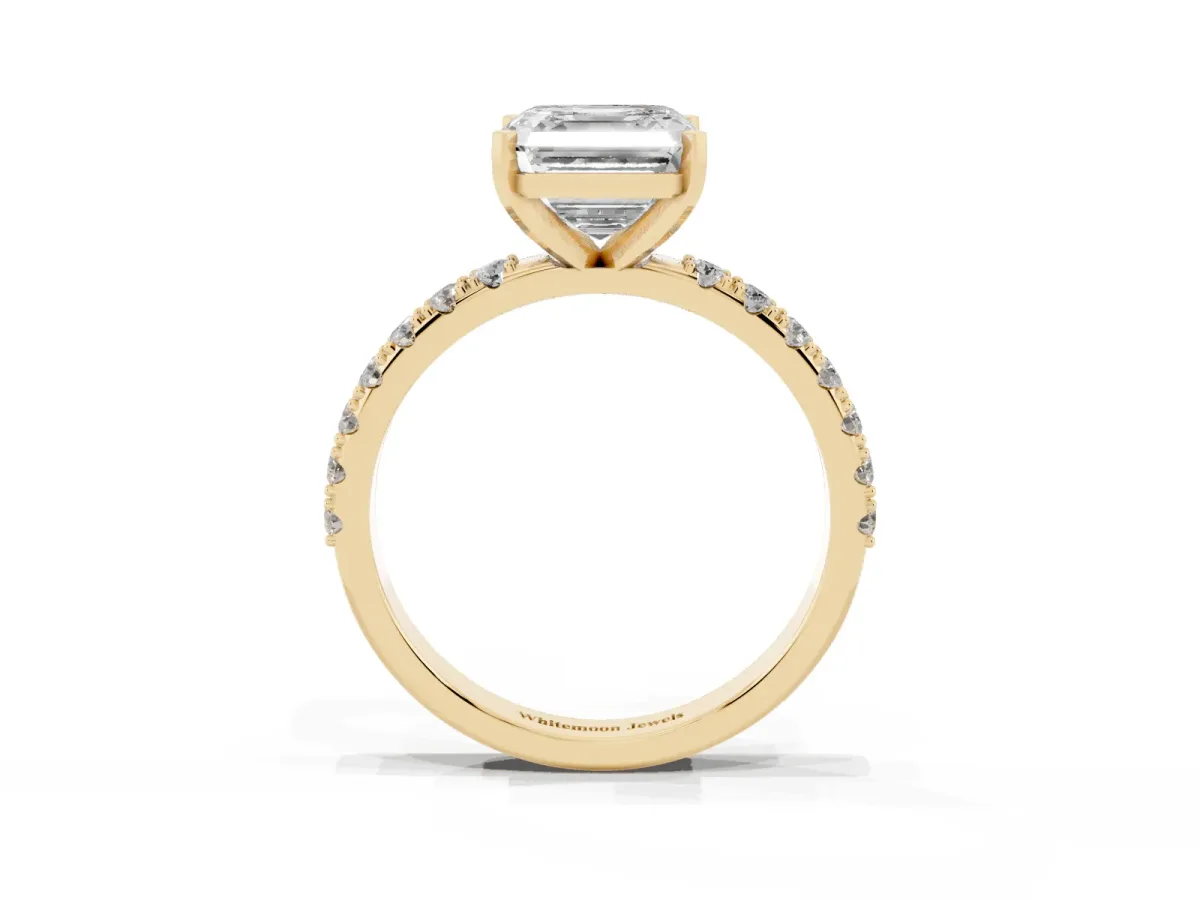 Asscher Cut Diamond Solitaire Pavé Band with Four-Prong Setting Yellow gold