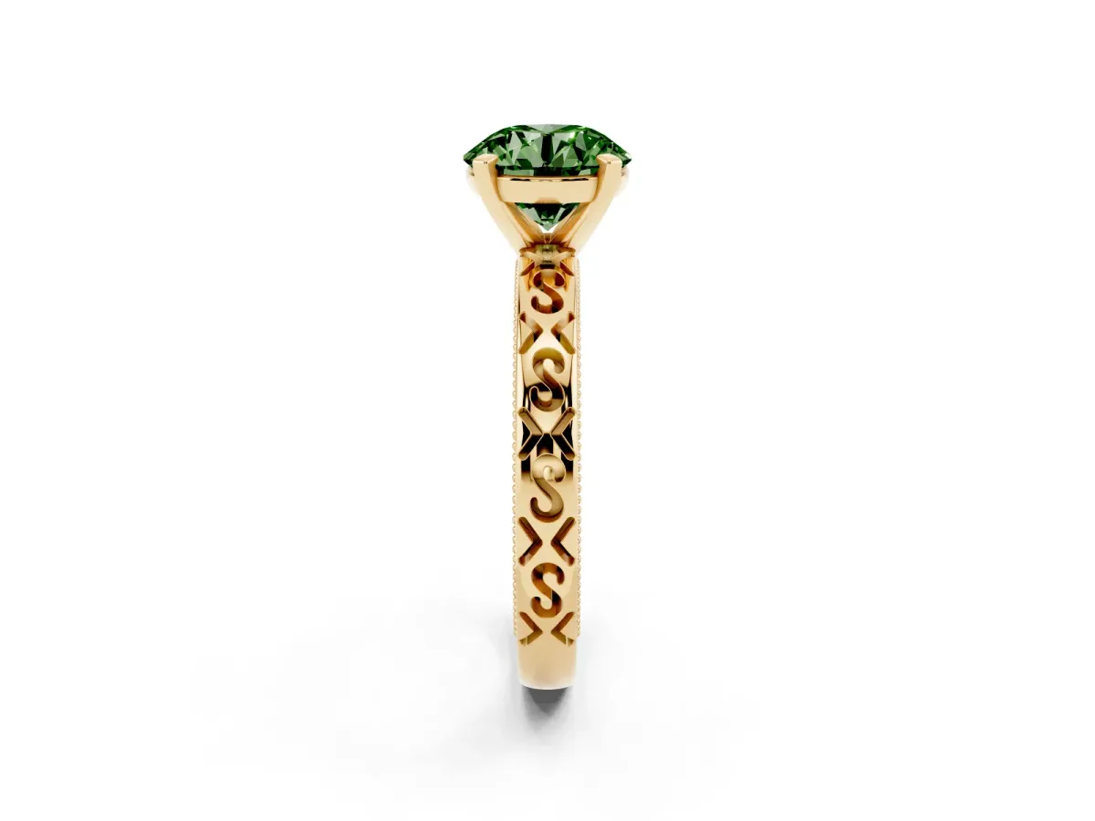Fancy Green Round Cut Solitaire Engagement Ring with Scrollwork Band and Four-Prong Setting Yellow gold
