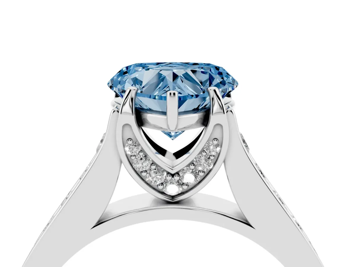 Fancy Blue Heart Cut Brilliant Cut Diamond Engagement Ring with Pavé Band and Four-Prong Setting Silver