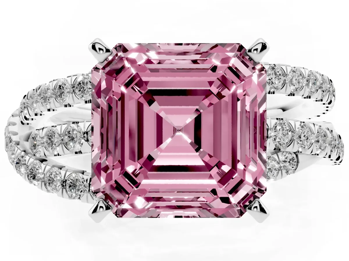 Fancy Pink Asscher Cut Solitaire Twist Band with Pavé Setting and Four-Prong Setting Silver