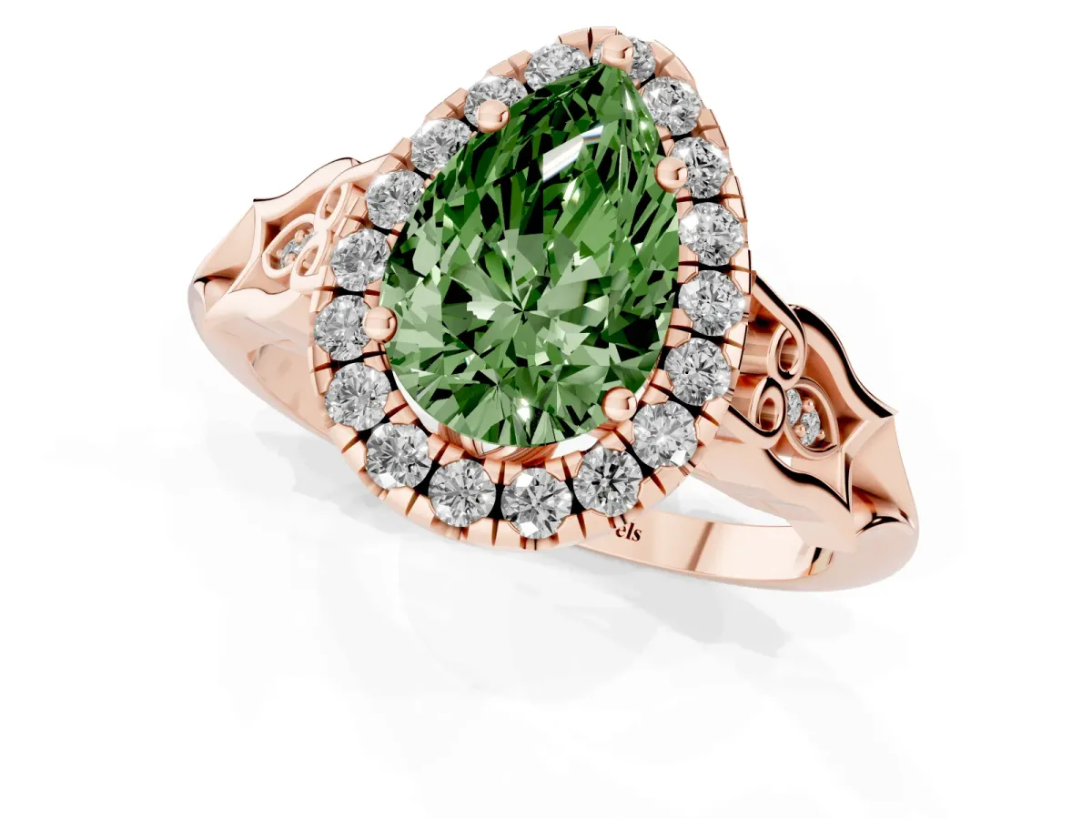 Fancy Green Pear Cut Halo Diamond Engagement Ring with Filigree Band and Four-Prong Setting Rose gold