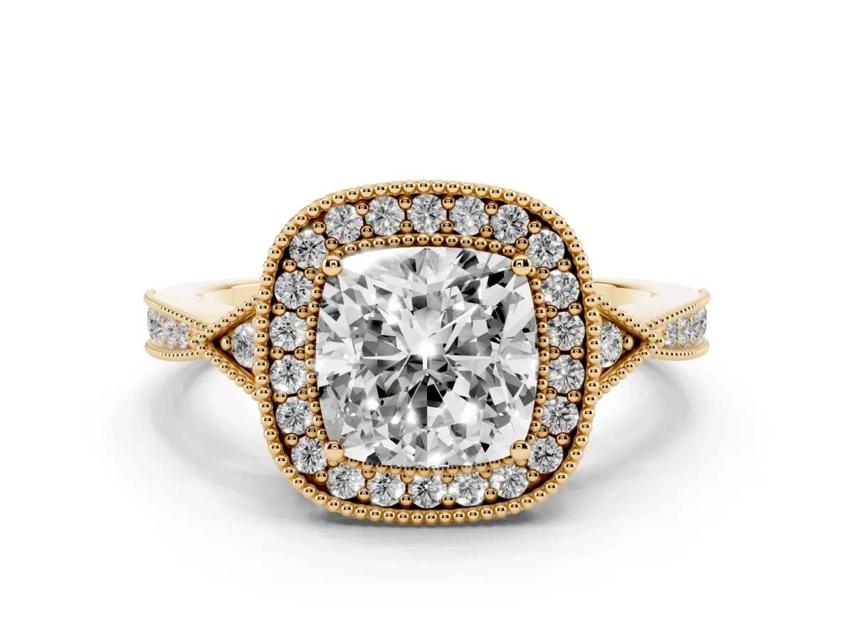 Cushion Cut Halo Round Diamond Milgrain Pave Engagement Ring Yellow gold