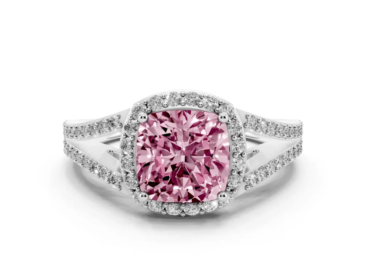 Fancy Pink Cushion Cut Halo Split Shank Diamond Ring with Prong Setting Silver