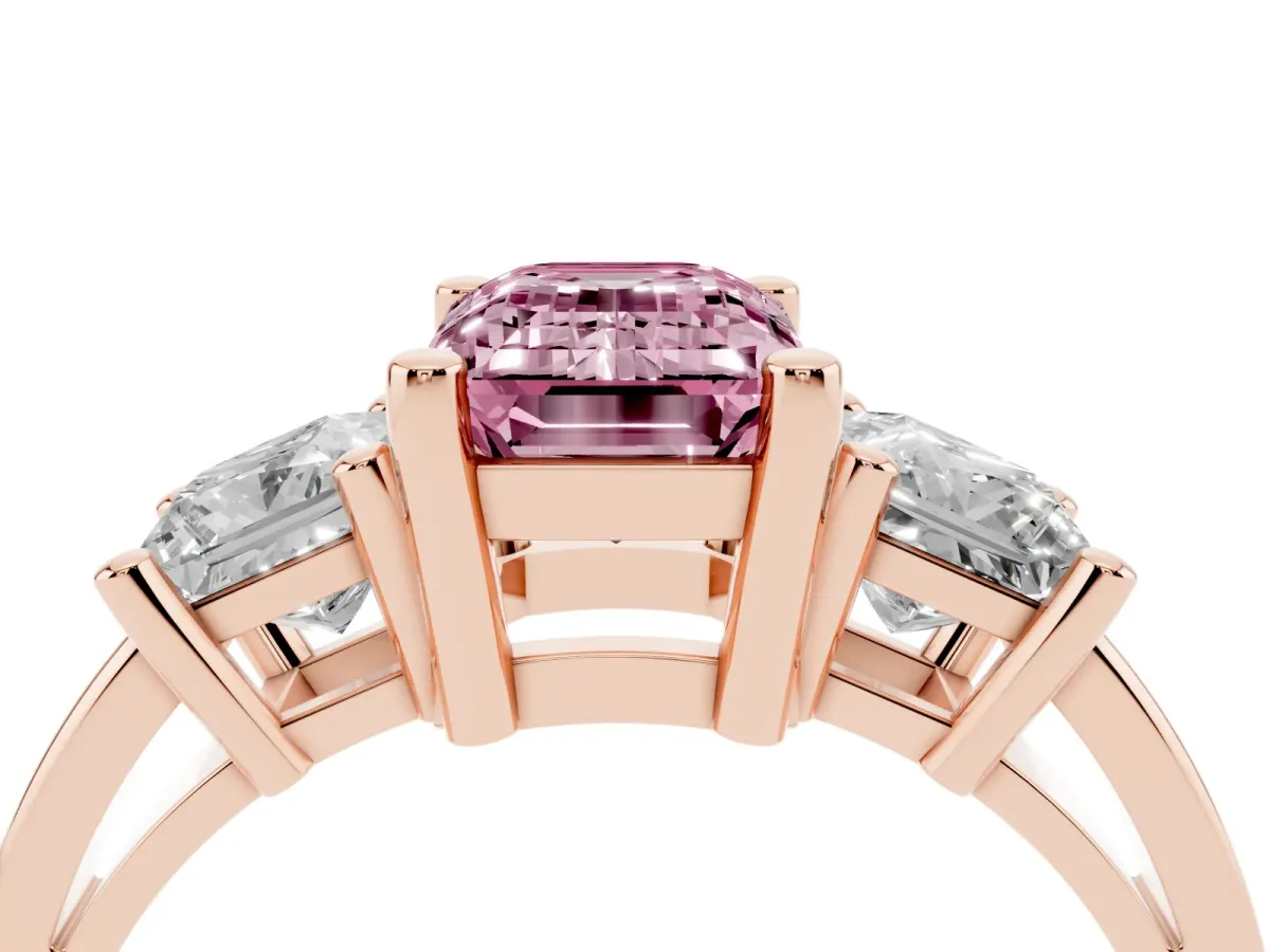 Fancy Pink Three-Stone Emerald Cut Cut Solitaire Ring with Prong Setting Rose gold