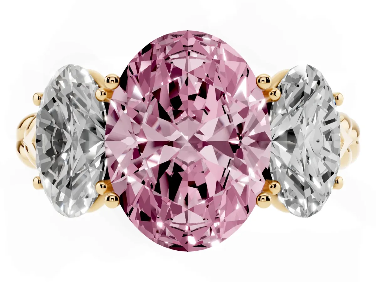 Fancy Pink Three-Stone Oval Cut Diamond Braided Band Ring with Four-Prong Setting Yellow gold