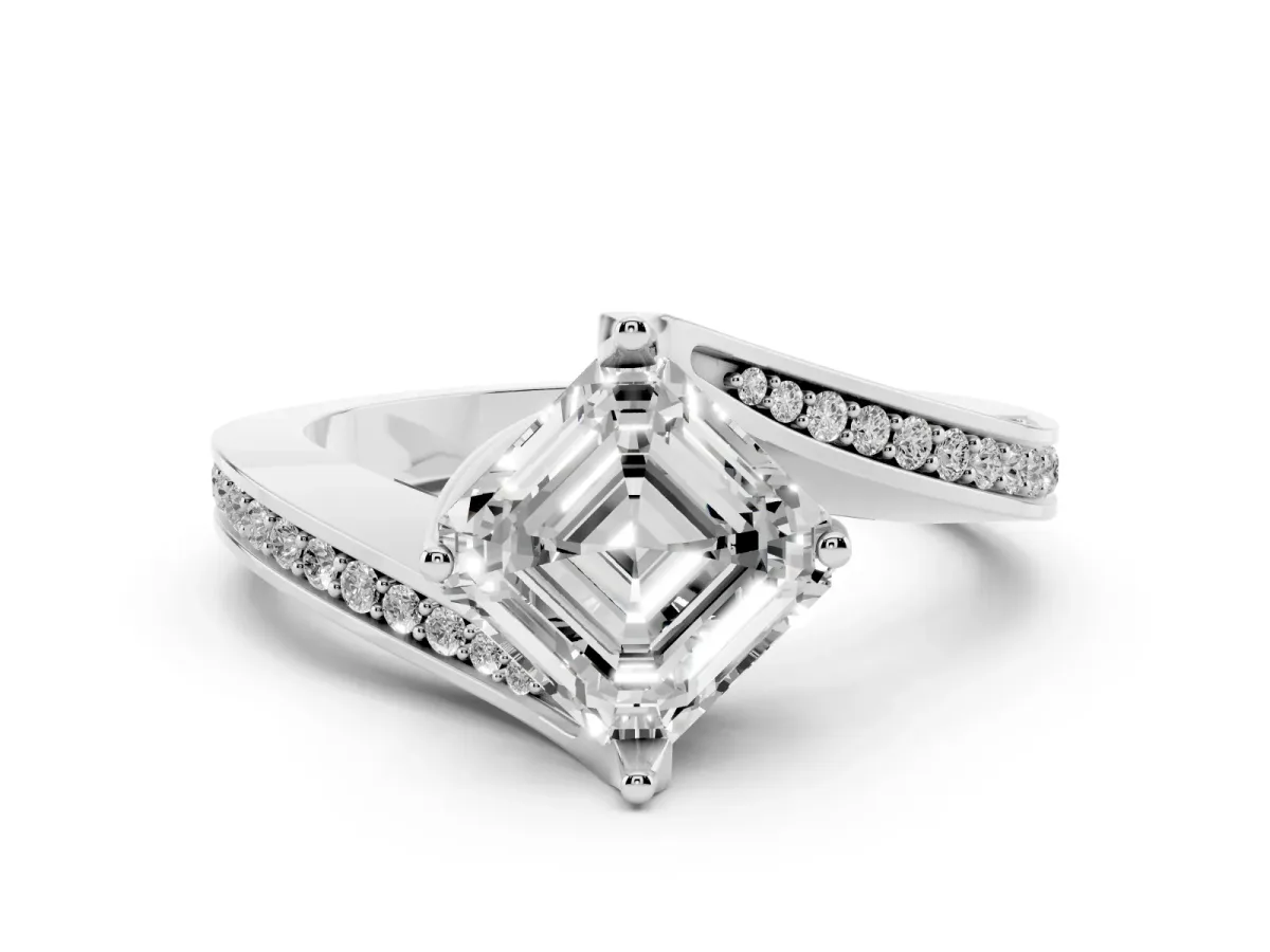 Asscher Cut Solitaire Diamond Twist Band with Pavé Setting and Four-Prong Setting Silver