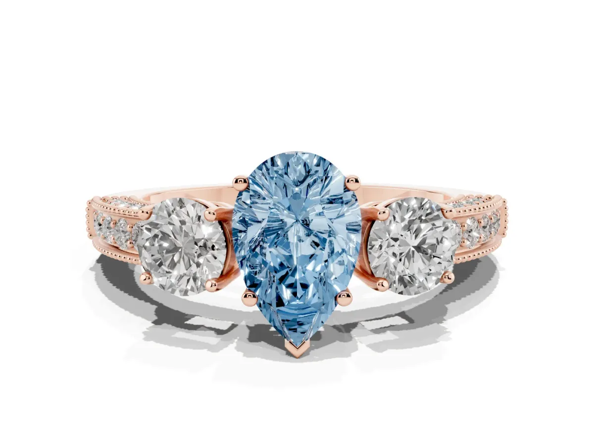 Fancy Blue Pear Cut Three-Stone Diamond Ring with Pavé Band and Four-Prong Setting Rose gold