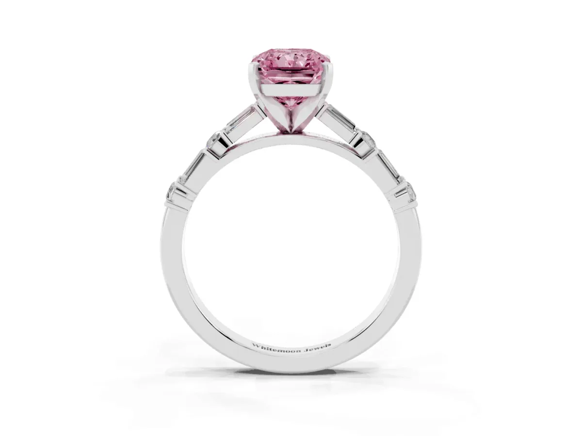 Fancy Pink Radiant Cut Diamond Solitaire with Side Baguettes and Channel Set Band White gold