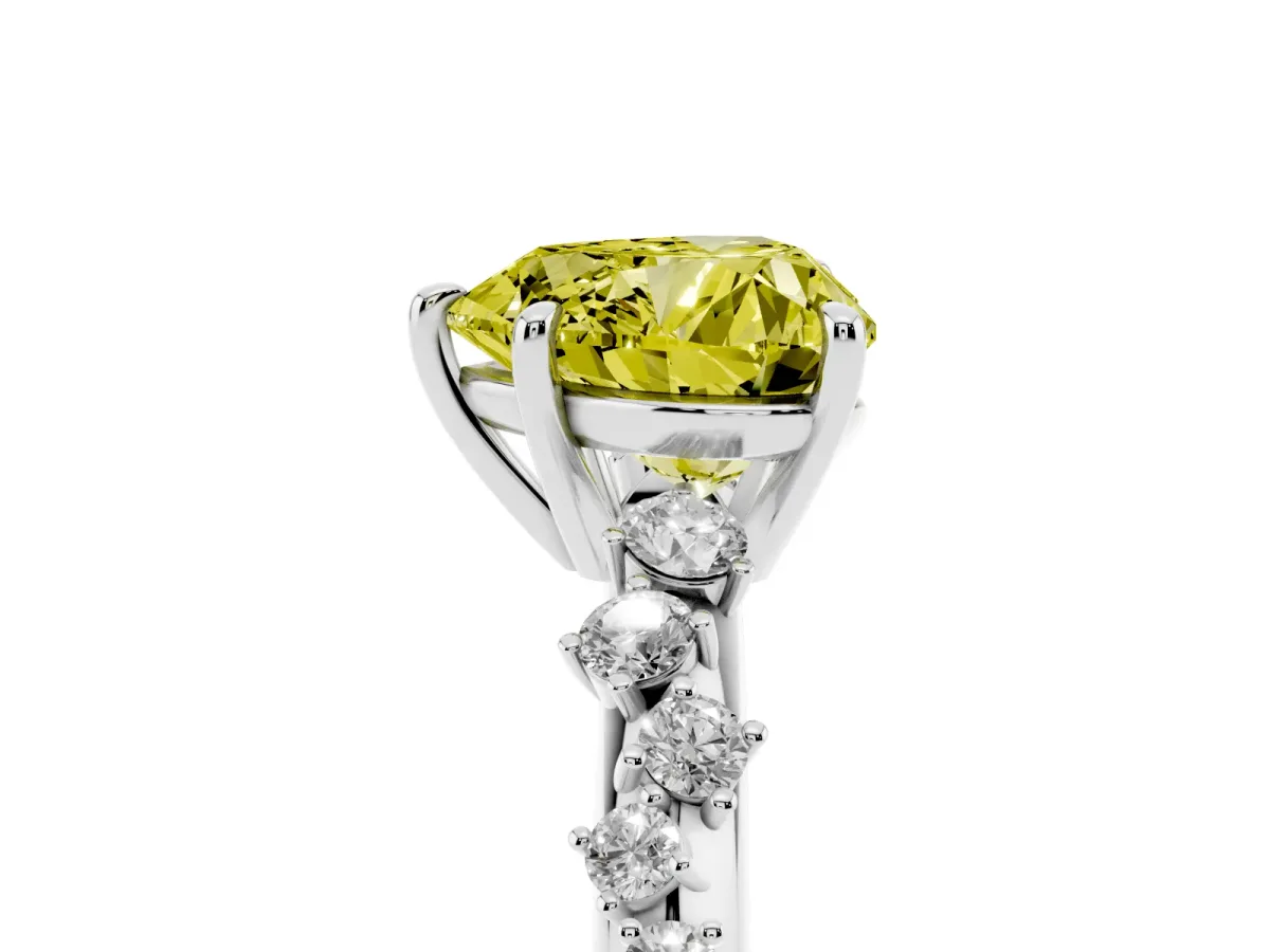 Fancy Yellow Heart Cut Diamond Cluster Side Stone Solitaire Ring with Prong Setting Silver