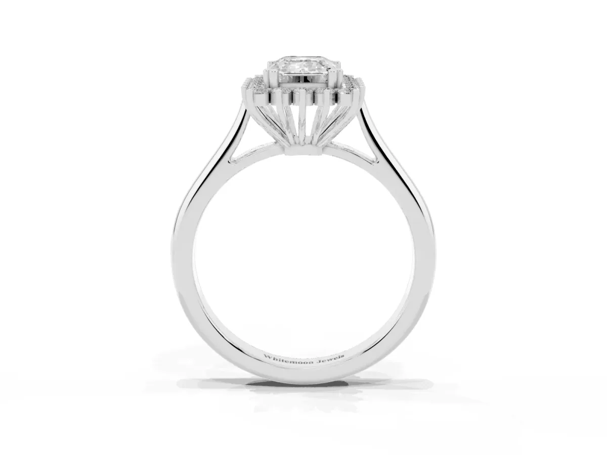 Emerald Cut Cut Diamond Halo Ring with Solitaire Band and Prong Setting Silver
