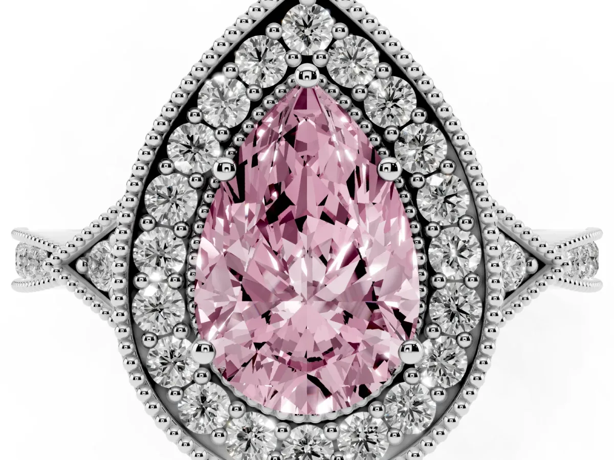 Fancy Pink Pear Cut Halo Round Diamond Milgrain Pave Engagement Ring Platinum