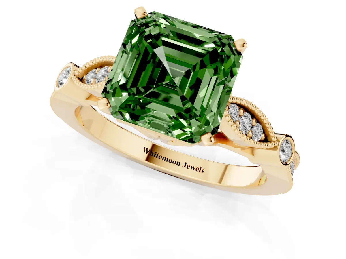 Fancy Green Asscher Cut Cut Diamond with Milgrain Marquise and Bezel Accents on a Solitaire Band with Prong Setting Yellow gold