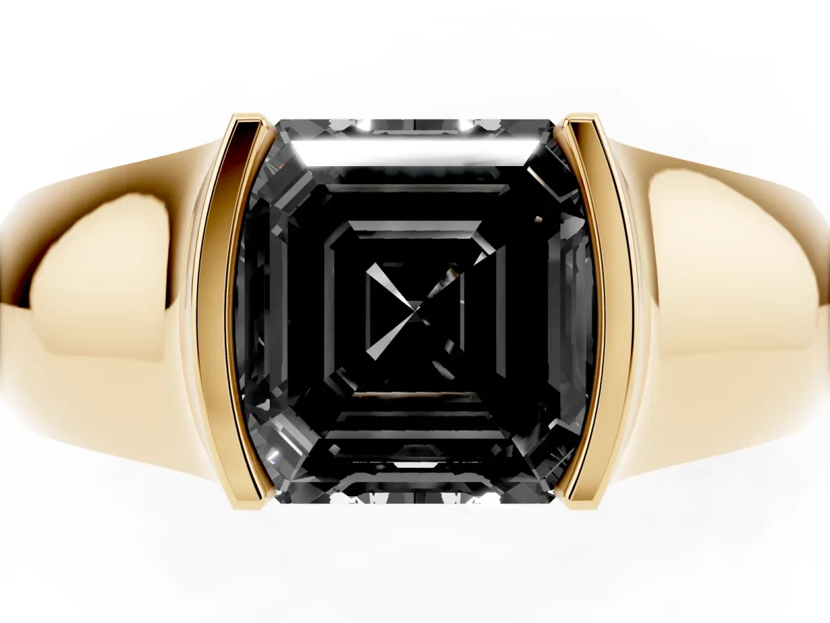 Fancy Black Asscher Cut Solitaire Bezel Set Diamond Ring with Wide Band Yellow gold
