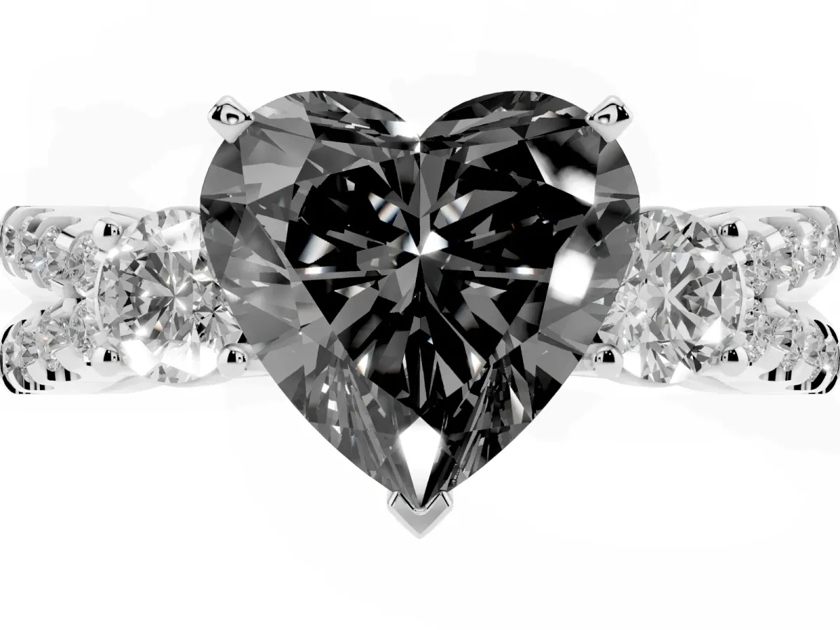 Fancy Black Heart Cut Diamond Three-Stone Ring with Pavé Split Shank and Four-Prong Setting Silver