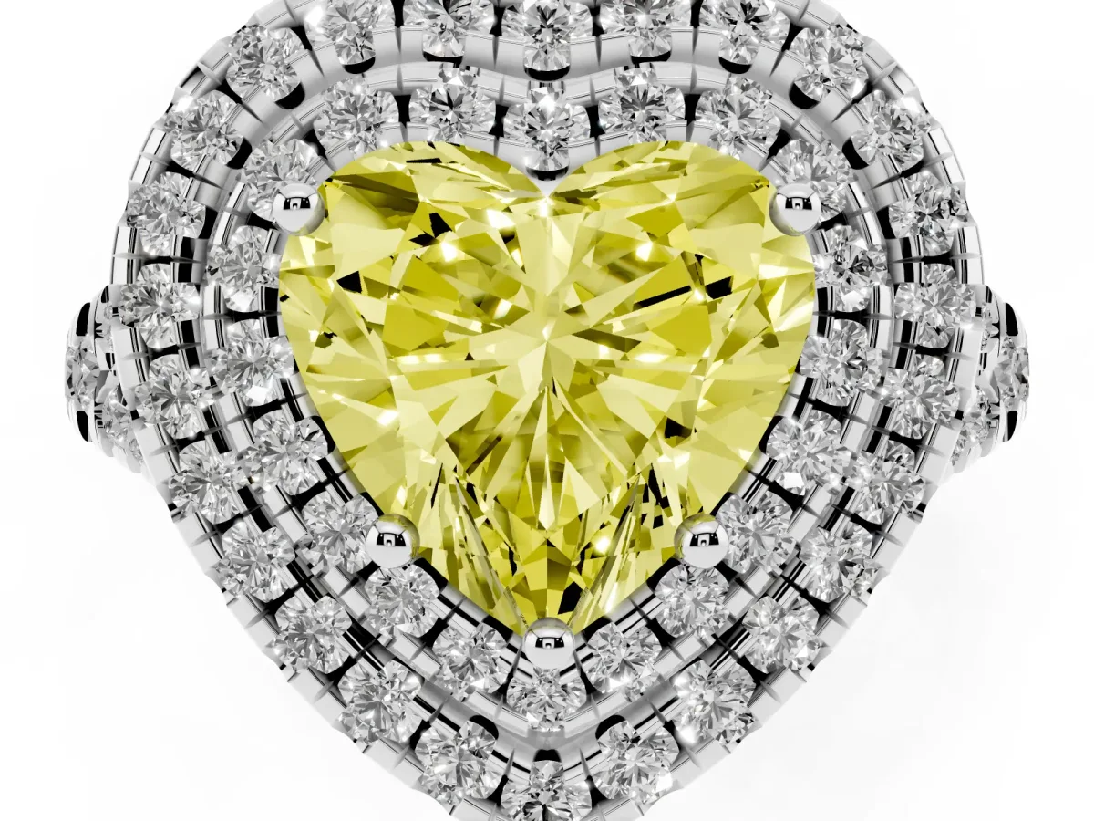 Fancy Yellow Double Halo Heart Cut Diamond Pavé Split Shank Ring with Prong Setting Silver