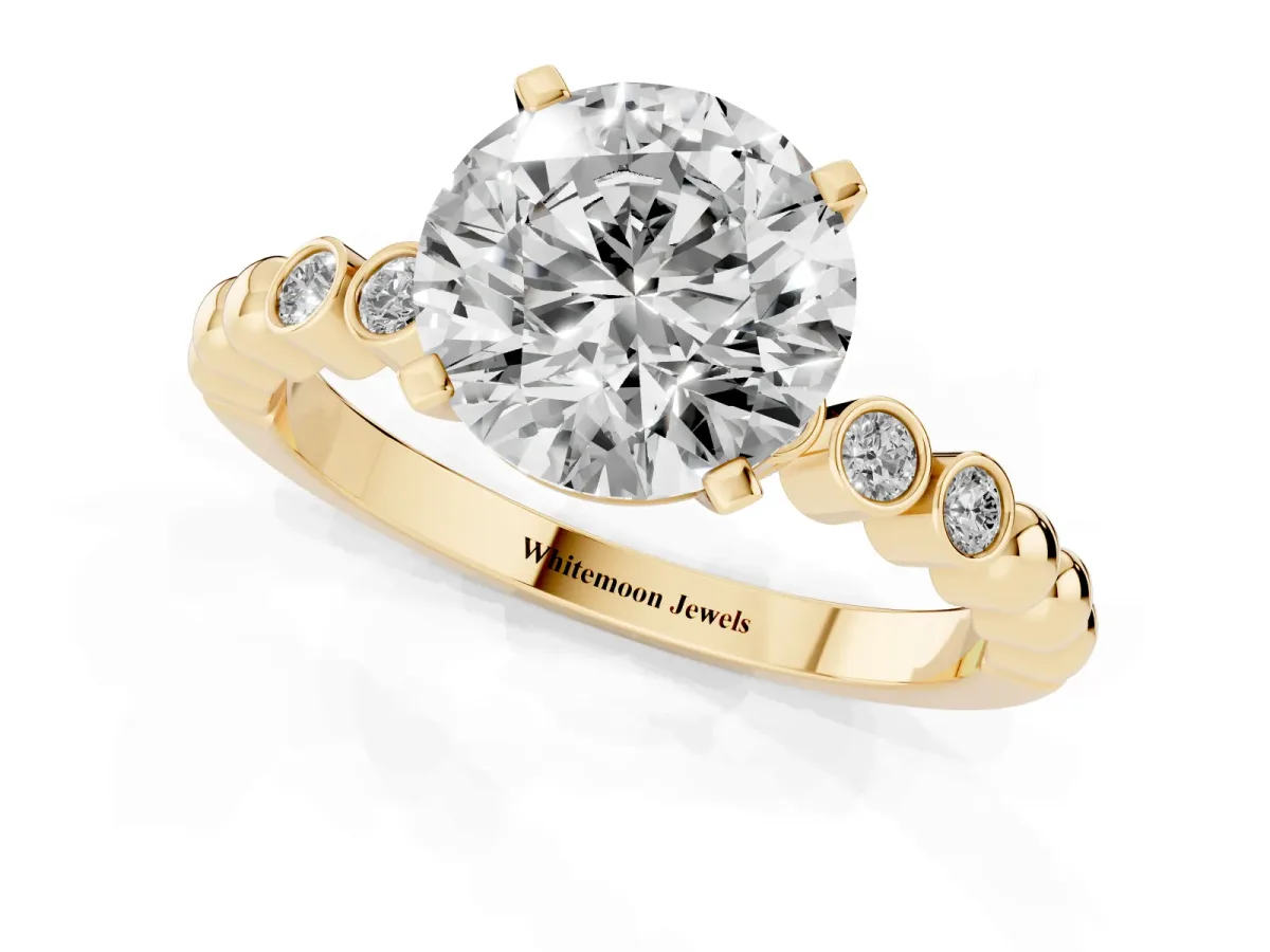 Round Cut Solitaire Bezel Accent Diamond Engagement Ring with Beaded Band and Four-Prong Setting Yellow gold